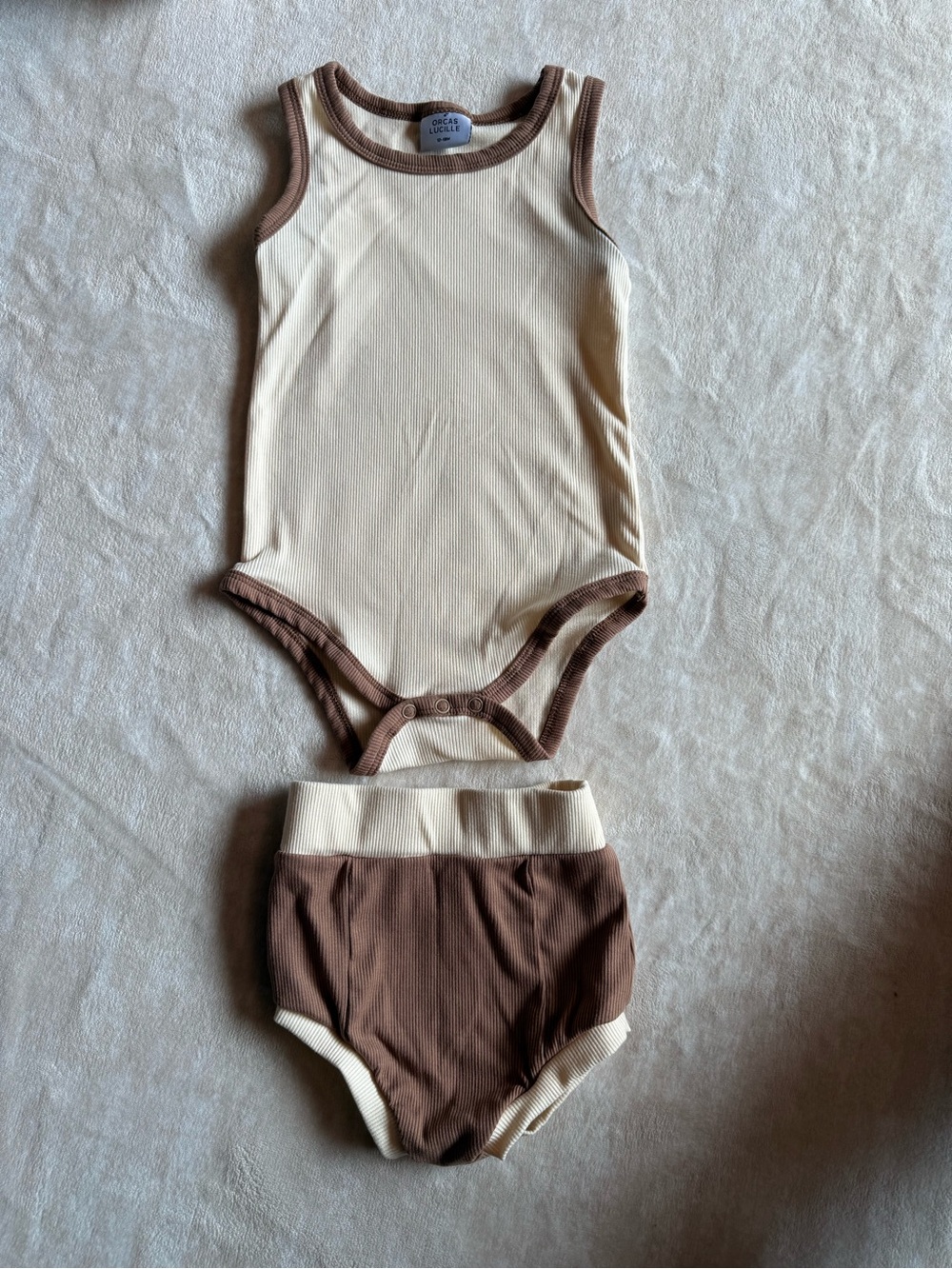 Cream and Brown Ribbed Tank One-Piece with Matching Bloomers